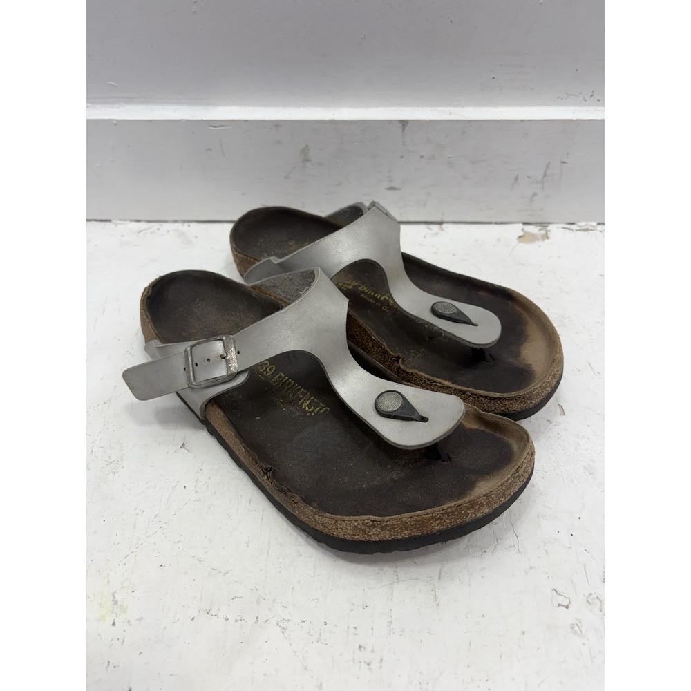 BIRKENSTOCK Gizeh Buckle Silver Toe Post Leather Thongs EU 39 US 8-8.5